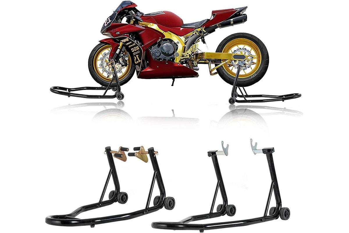 Close up of steel frame on motorbike lift stand