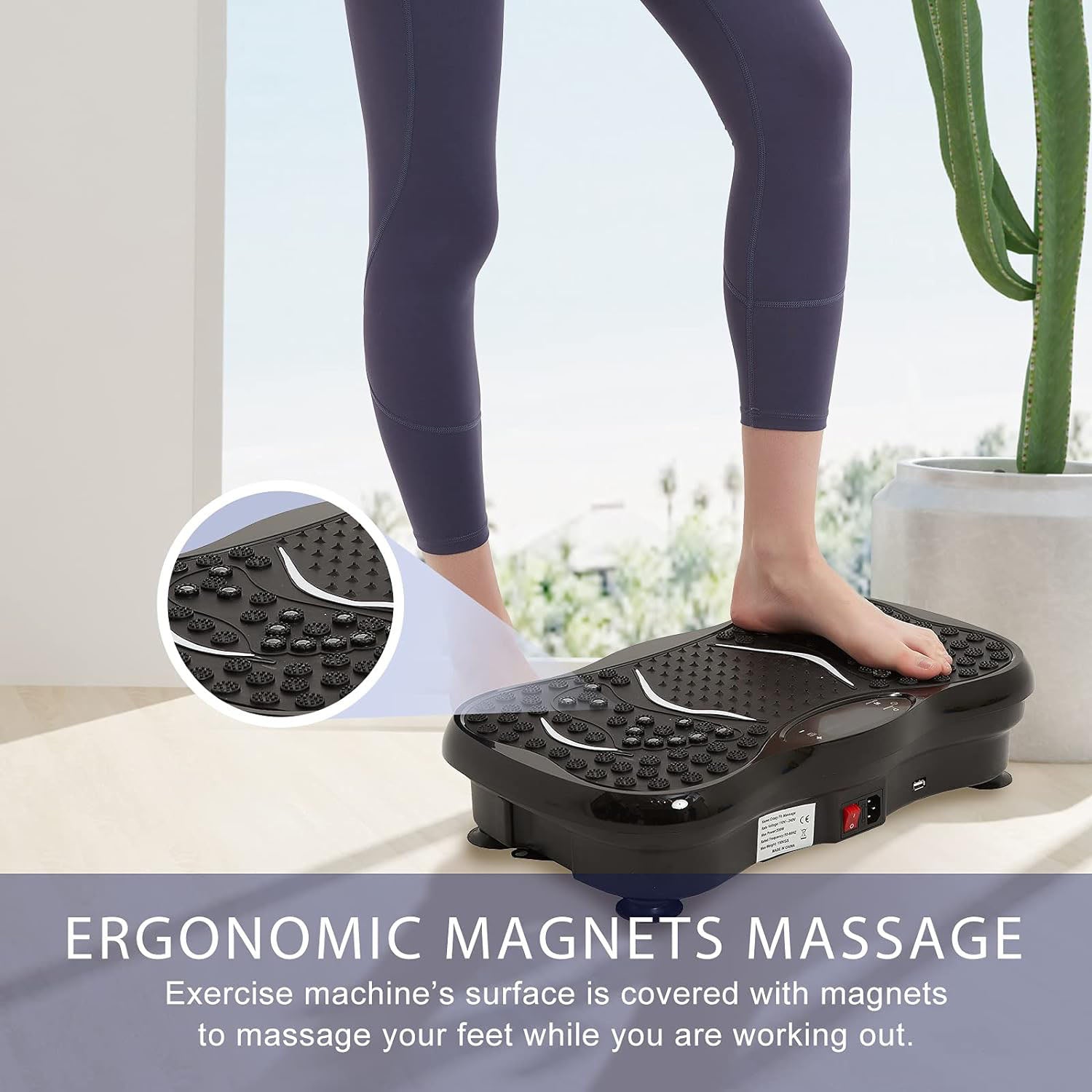 User standing on vibration plate exercise machine during workout