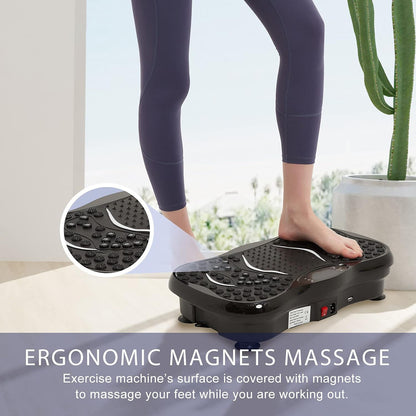 User standing on vibration plate exercise machine during workout