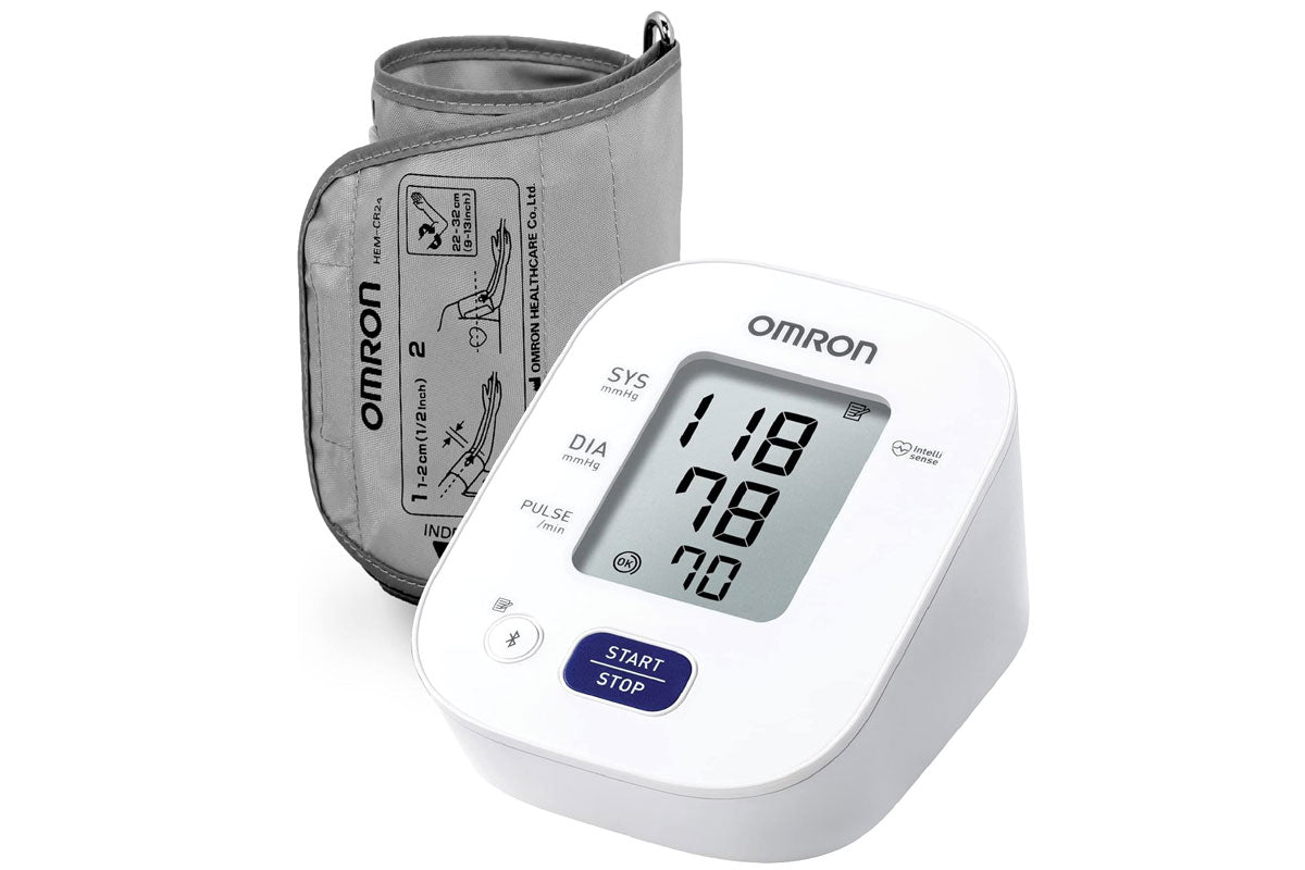 Display screen of Omron blood pressure monitor showing reading