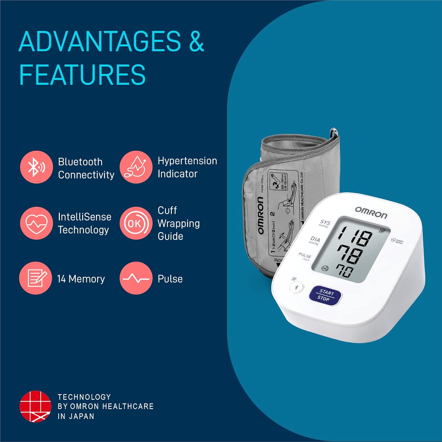 User pressing button on Omron blood pressure monitor for one-touch use