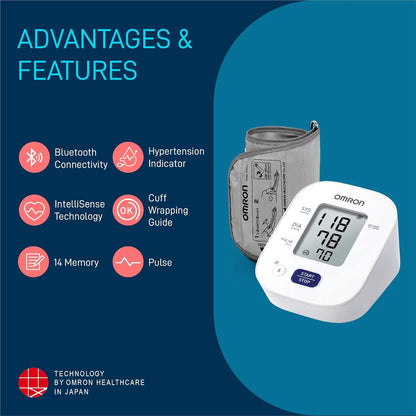 User pressing button on Omron blood pressure monitor for one-touch use