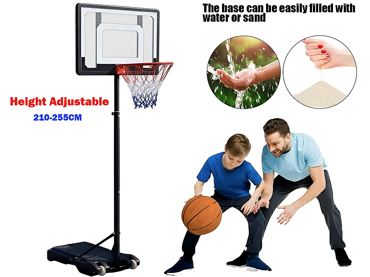 Basketball hoop stand showing height adjustment mechanism