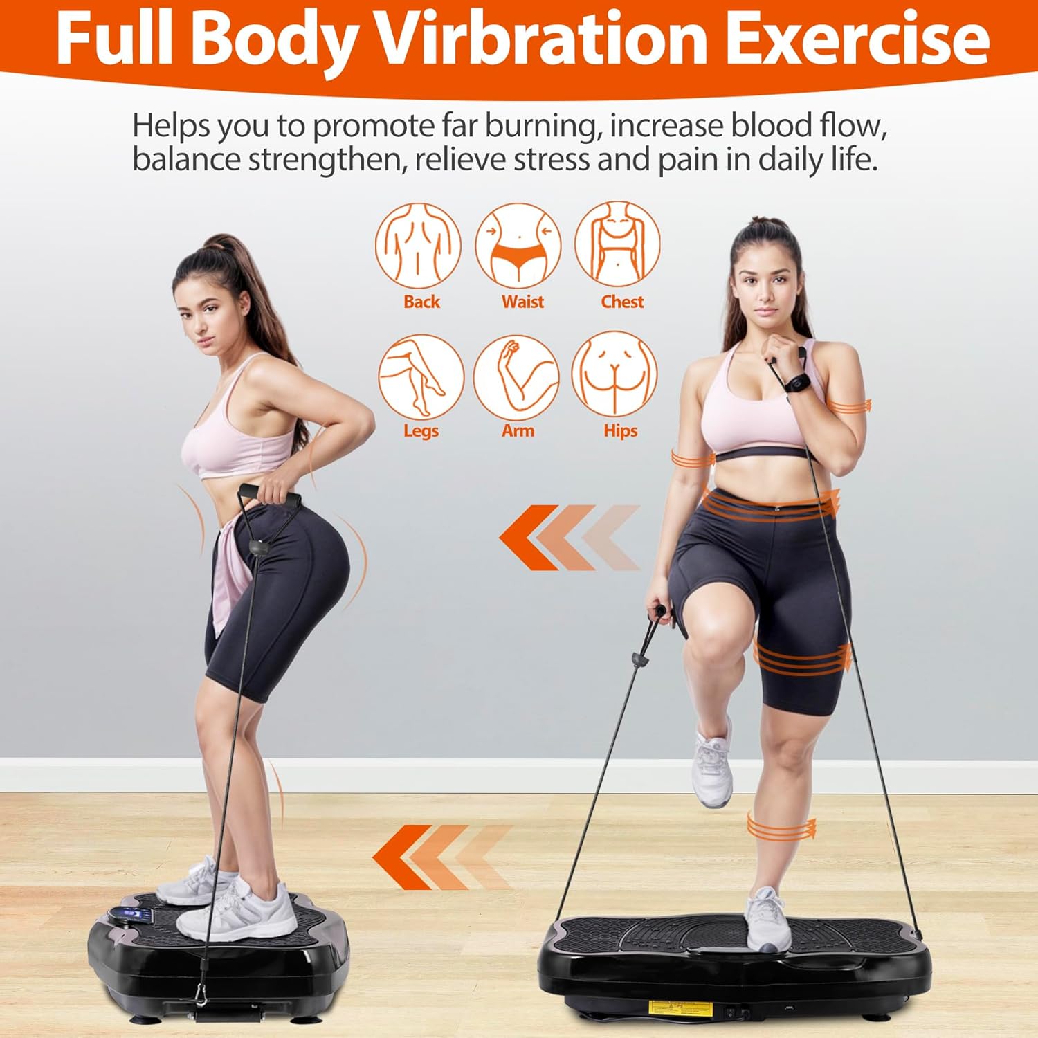 Vibration plate exercise machine showing compact size 54 by 32 centimetres