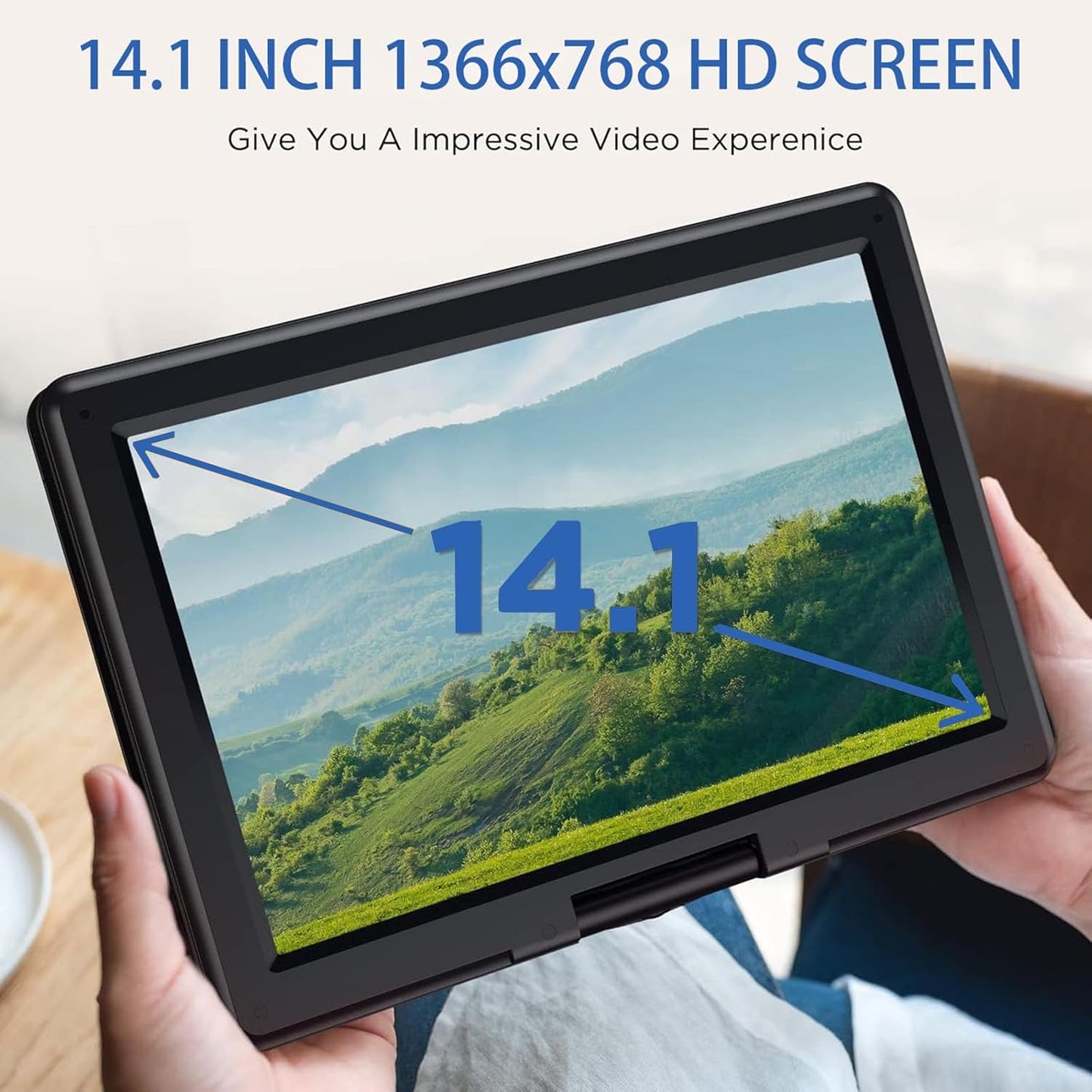 Top angle of portable DVD player 14inch with remote control