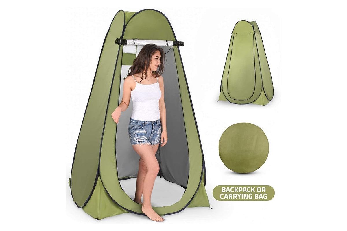 Close-up of camping shower tent steel frame and zipper door