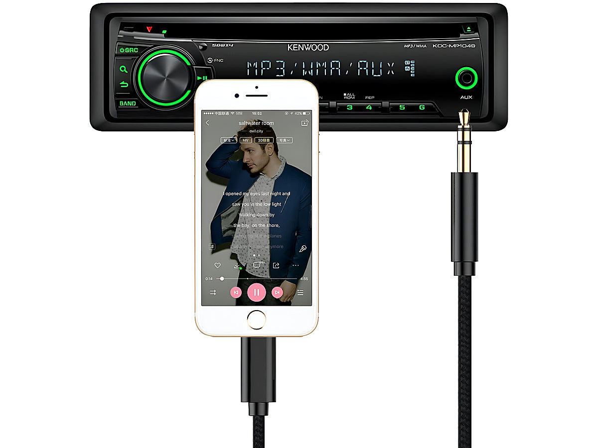 Black Lightning to AUX cable plugged into car stereo