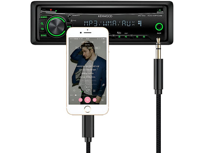 Black Lightning to AUX cable plugged into car stereo