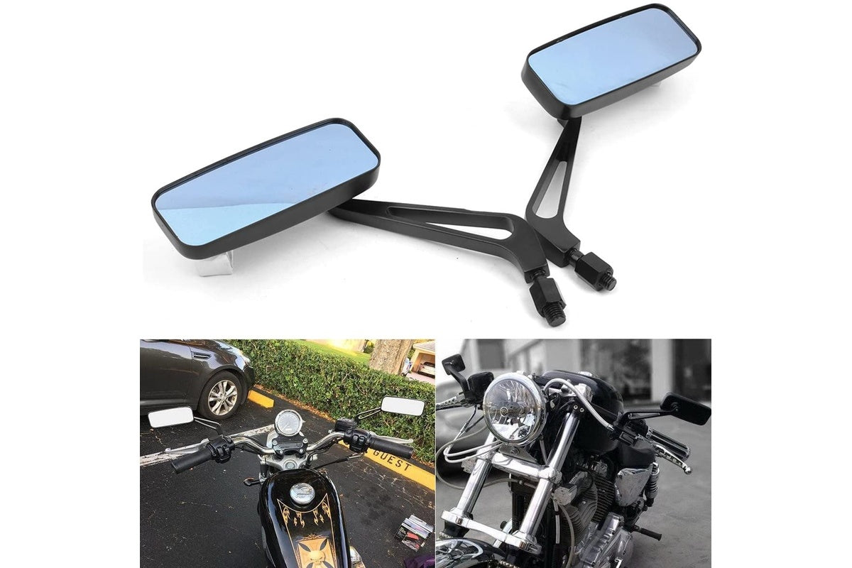 Close up of black aluminium motorcycle rear mirror glass