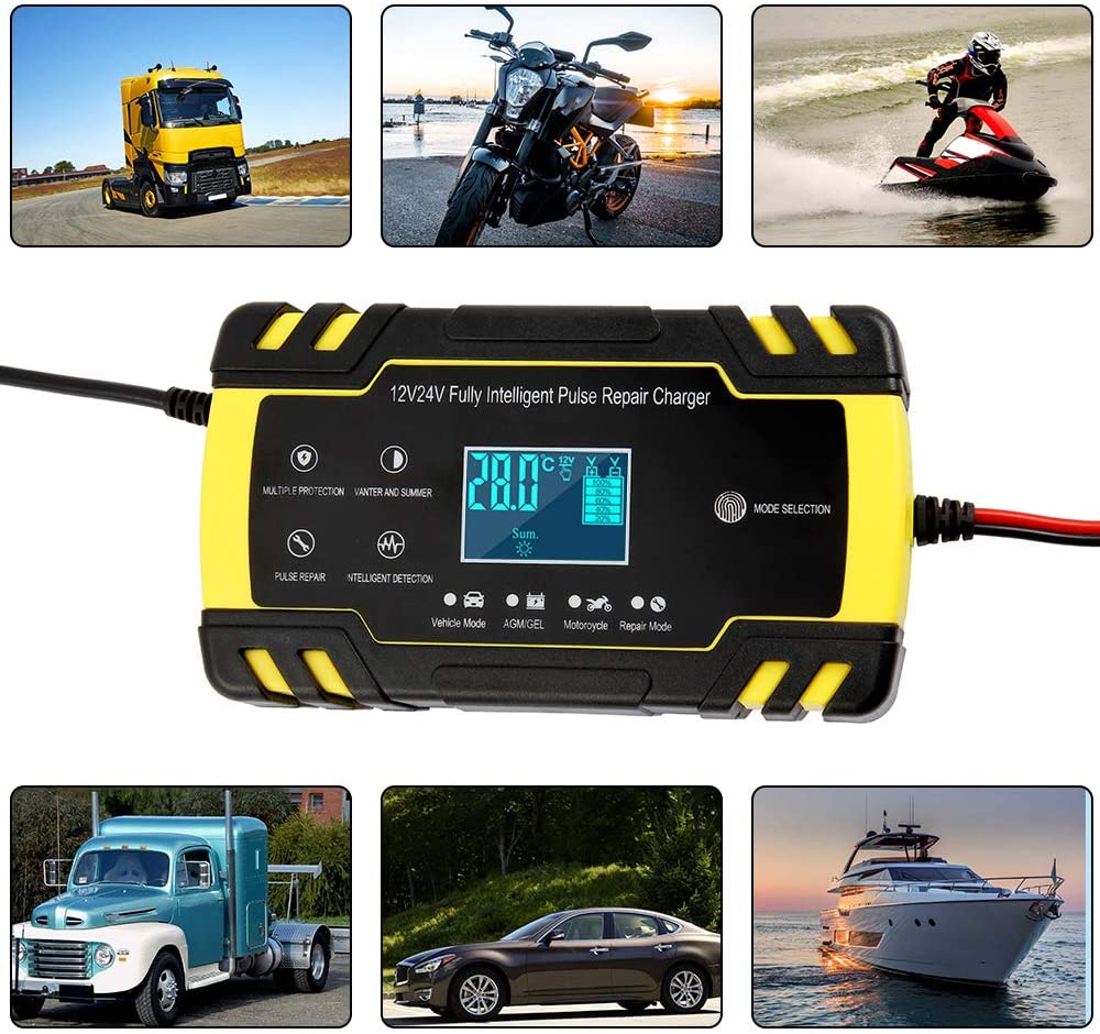Car battery charger automatic with cables and clamps attached