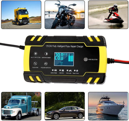 Car battery charger automatic with cables and clamps attached