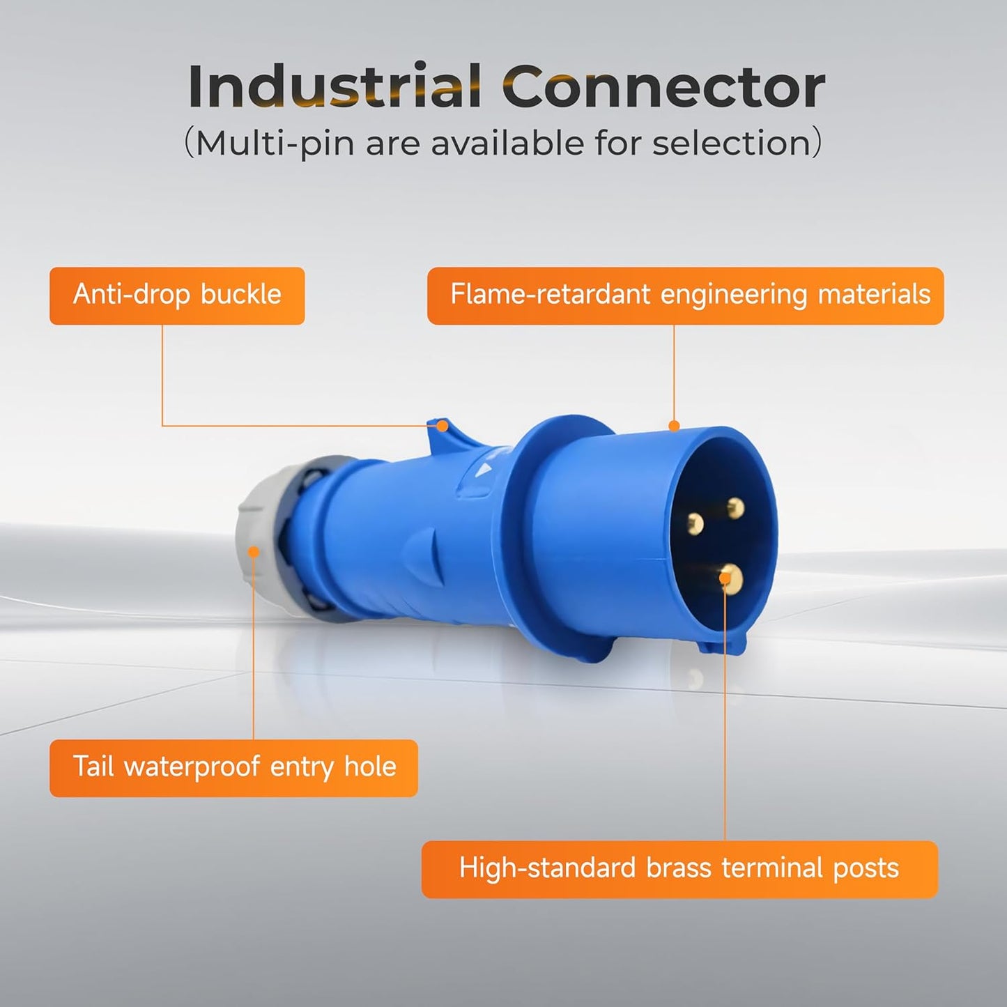 Caravan lead connector plug male 16A IP67 connected to caravan power lead