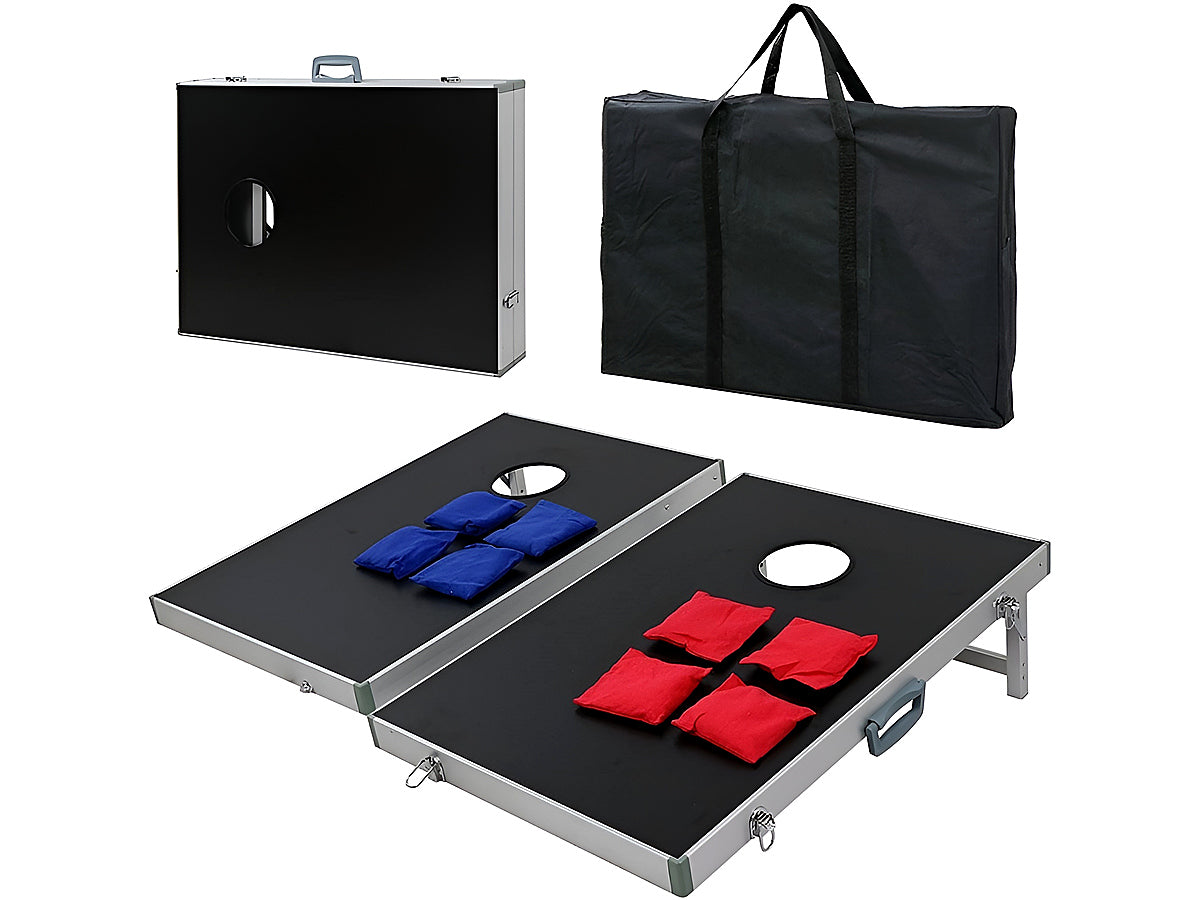 Foldable cornhole board game set in open position