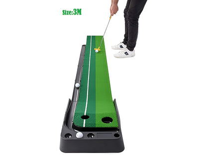 Close up of indoor golf practice set turf texture in green