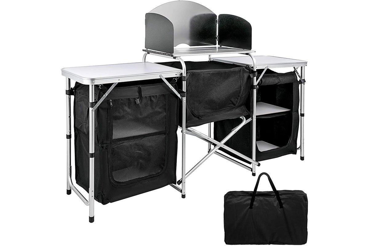 Side view of camping kitchen with adjustable height side tables
