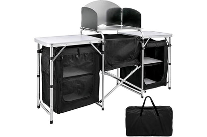 Side view of camping kitchen with adjustable height side tables