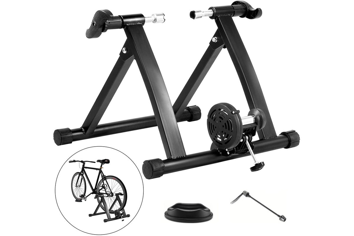 Side view of bike trainer showing adjustable resistance control