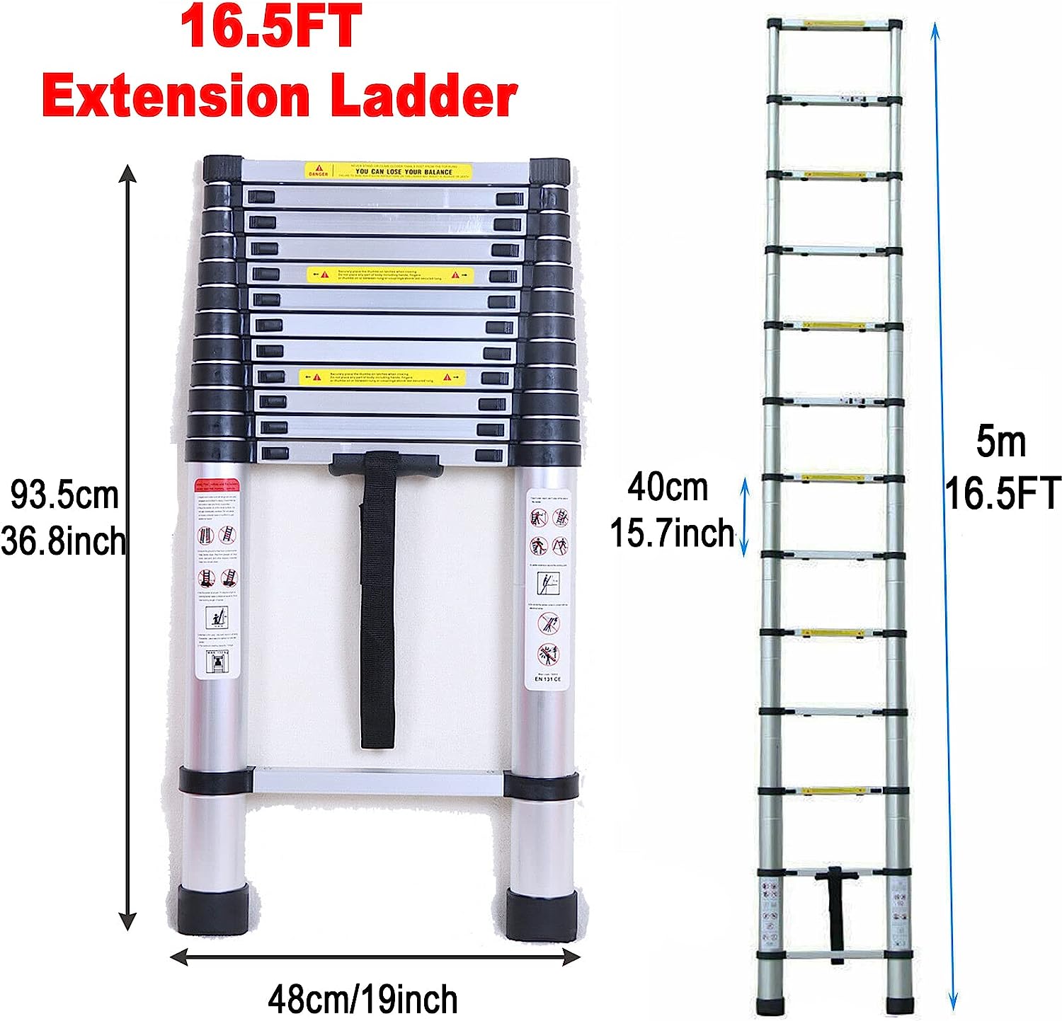 5m aluminium telescopic ladder leaning safely against wall
