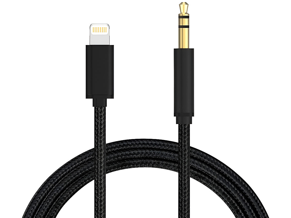 Close up of 35mm AUX plug on Lightning audio cable