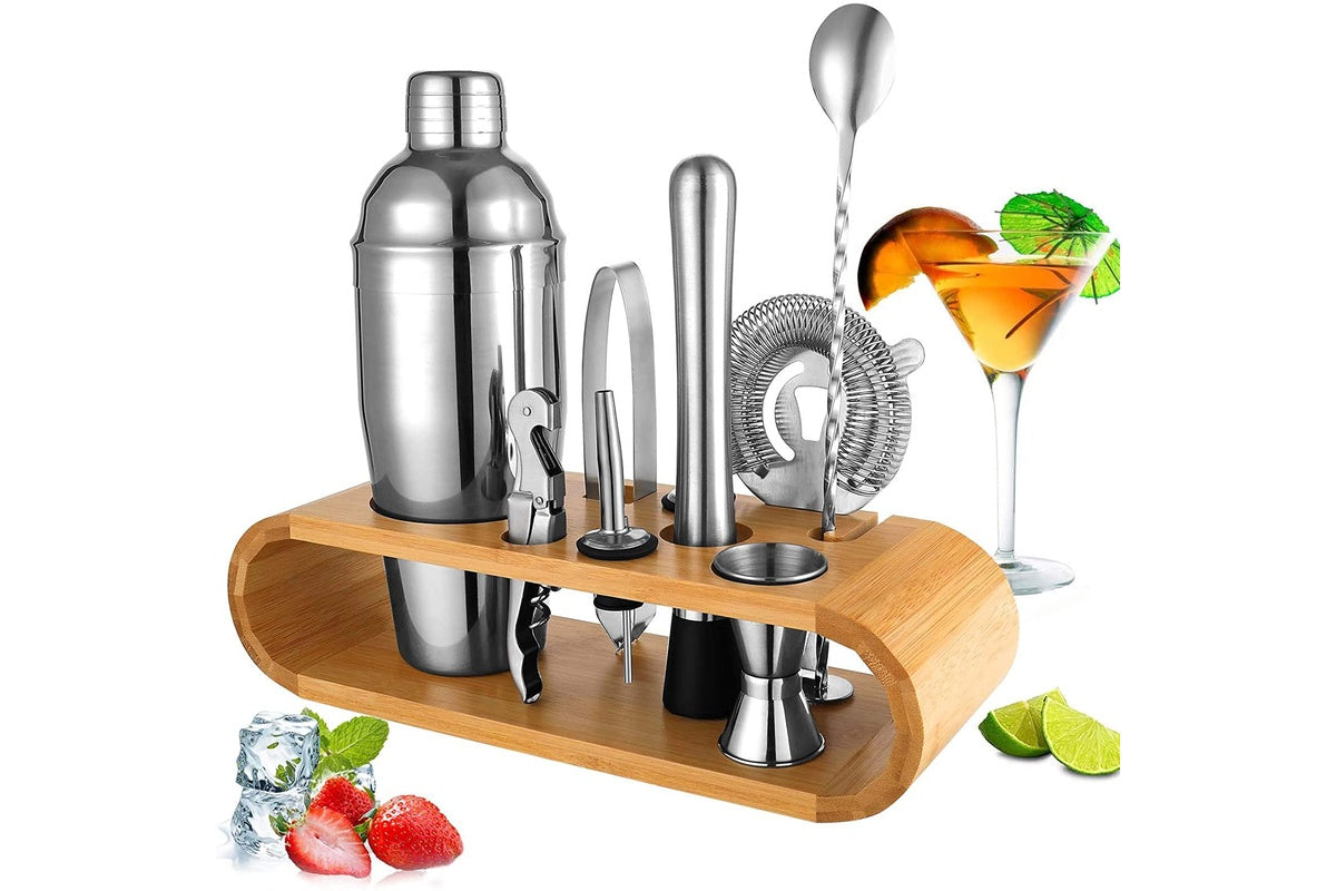 Close up of stainless steel cocktail shaker in the set