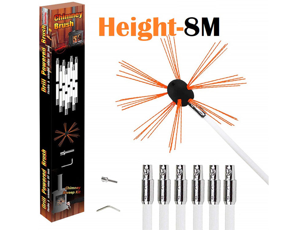 Flexible dryer vent chimney cleaner kit with drill adapter attached