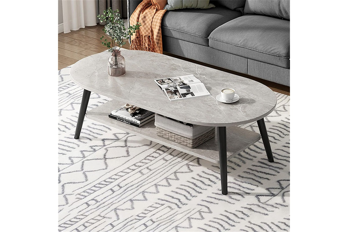 Two tier coffee table showing open shelving for storage