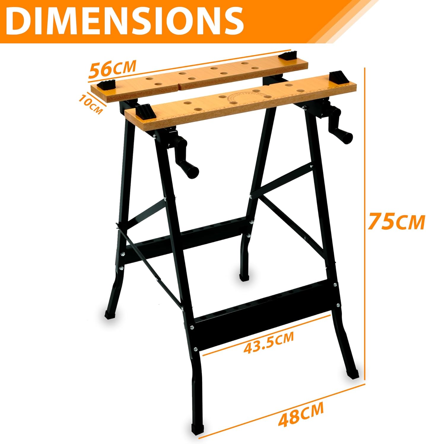 Side view of folding work bench with rubber feet for stability