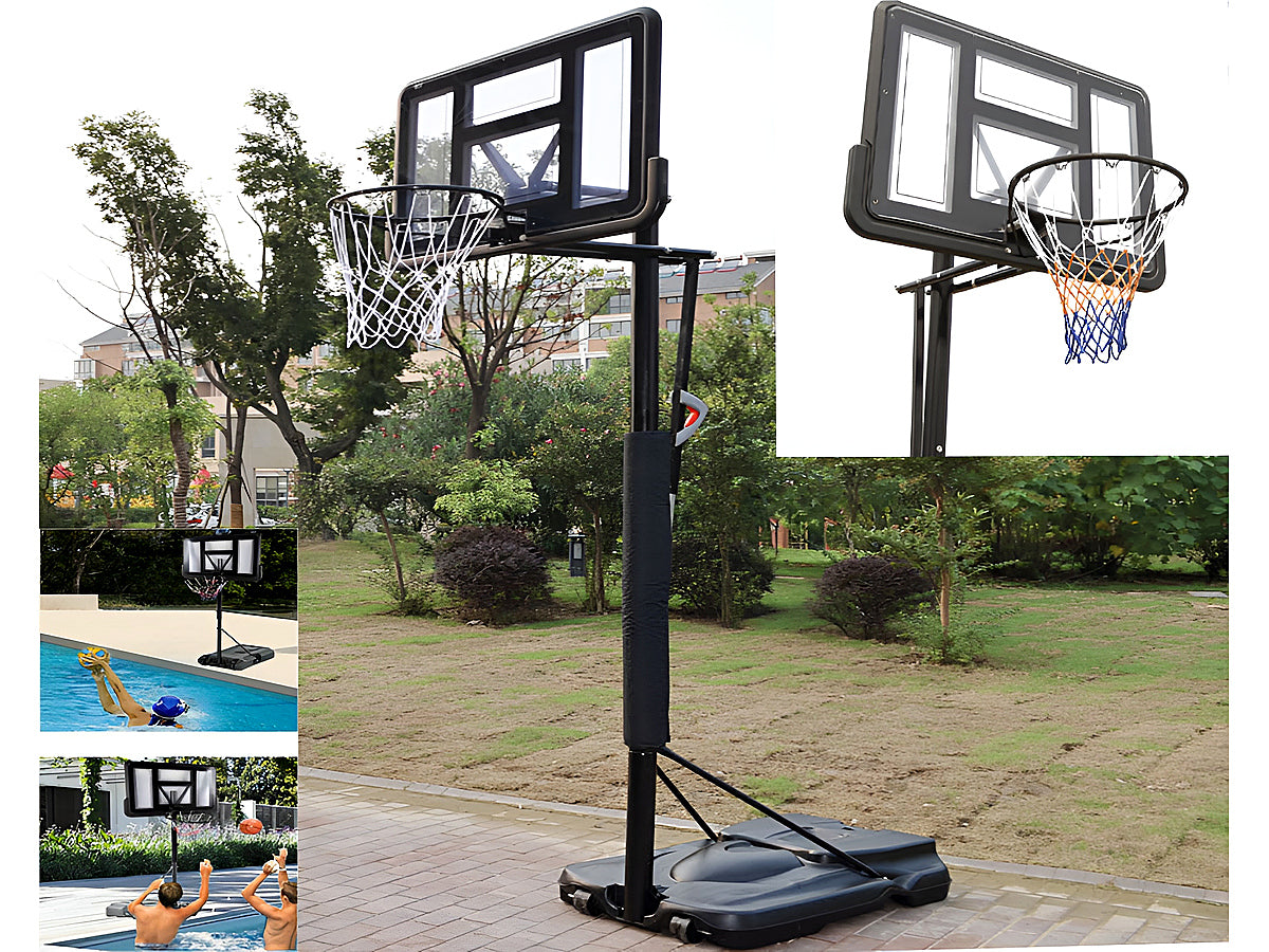 Side view of basketball hoop showing PVC backboard and PE base