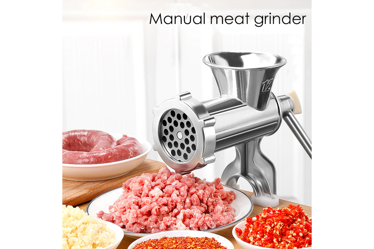 Side view of manual meat grinder with hand crank handle