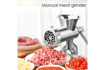 Side view of manual meat grinder with hand crank handle
