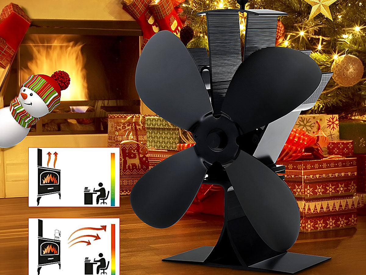 Heat powered stove fan showing compact size and shape