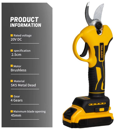Carrying case open showing cordless electric pruning shears and accessories