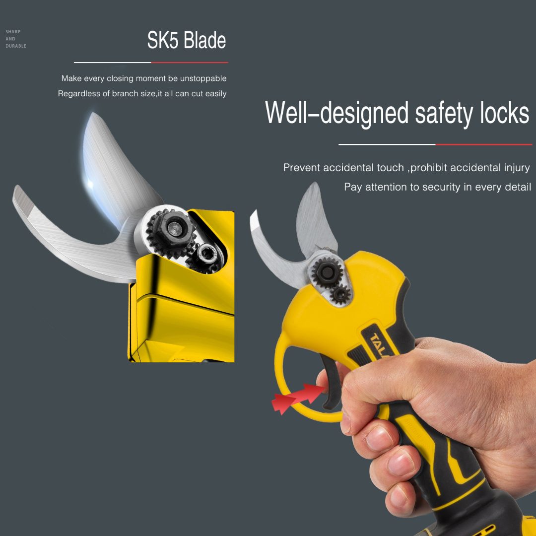 Cordless electric pruning shears resting on garden bench