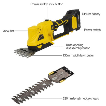 Cordless hedge trimmer cutting dense shrubs with alloy steel blades
