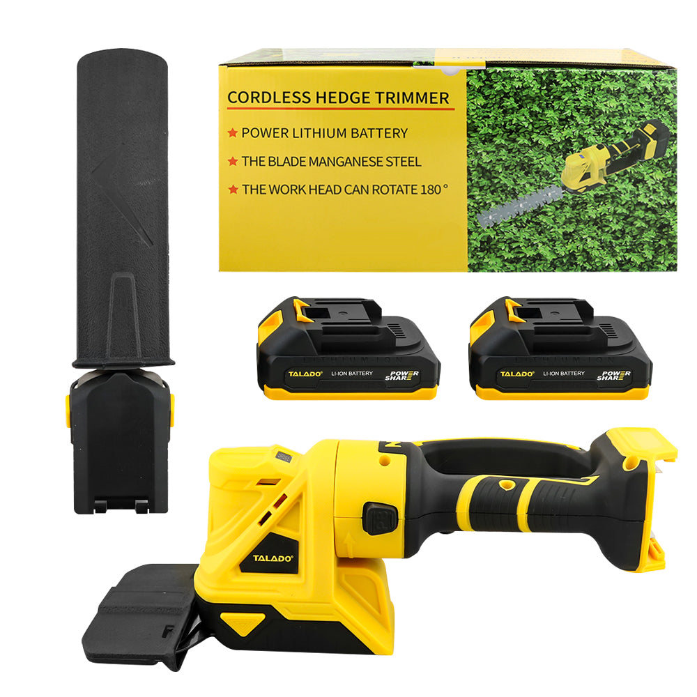 Side view of cordless hedge trimmer with ergonomic rubber handle