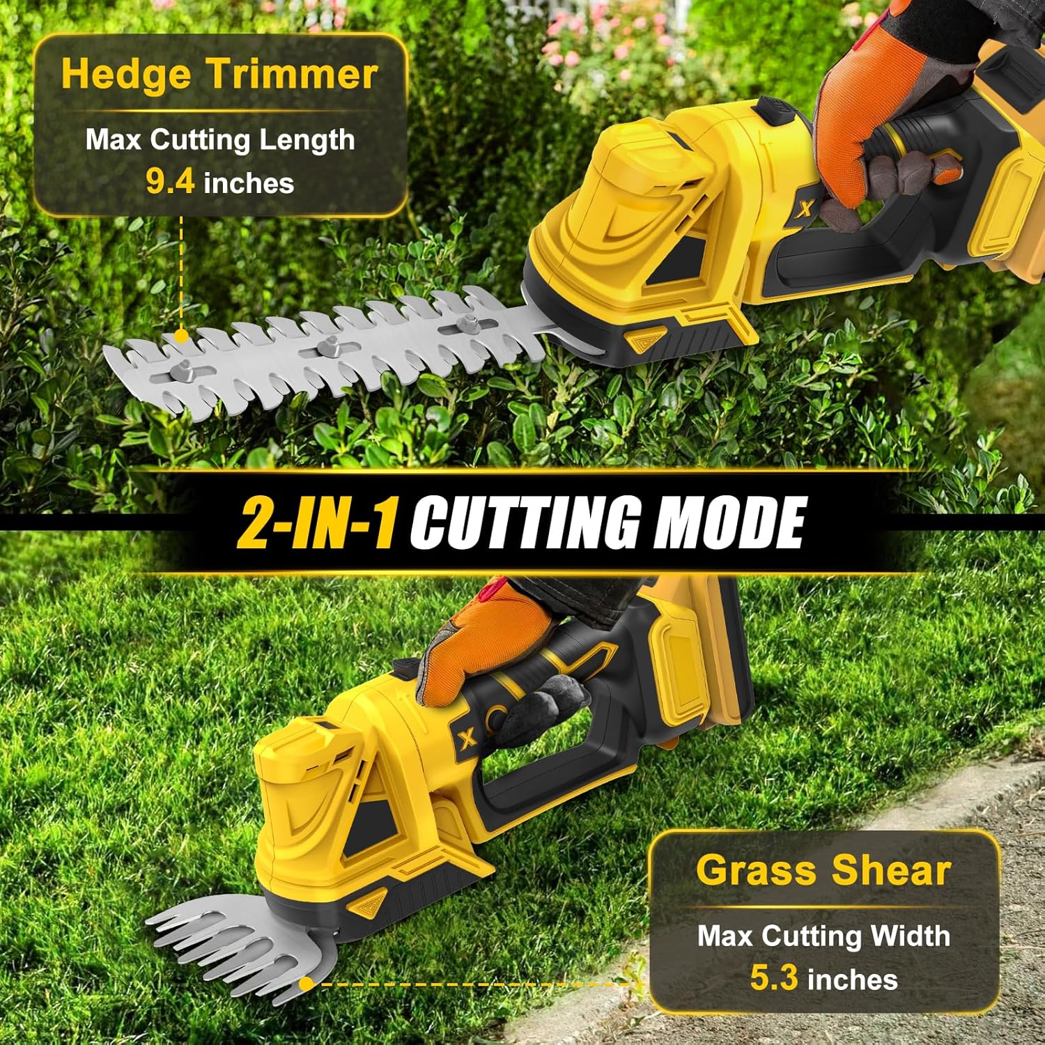 Cordless hedge trimmer with blade covers and charger displayed