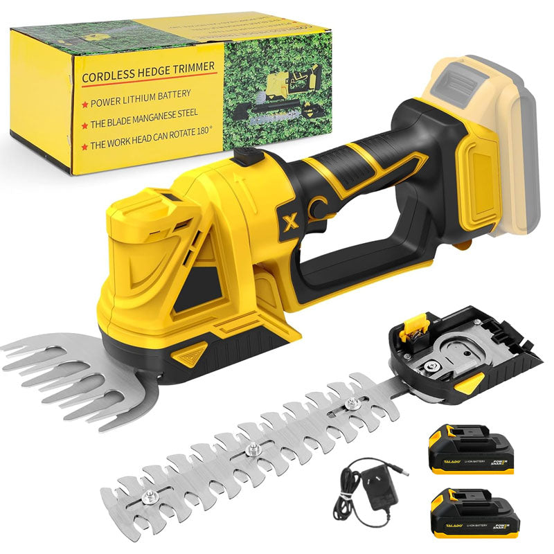 Cordless hedge trimmer showing 240mm shrub blade