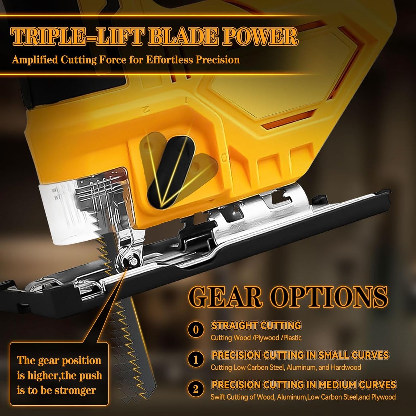 Cordless electric jigsaw in use cutting wood material