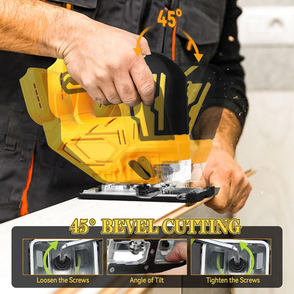 Front view of cordless electric jigsaw showing blade and base