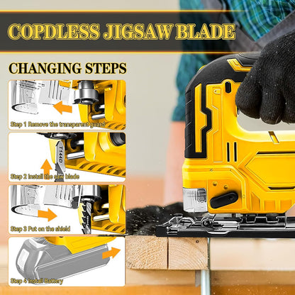Close-up of cordless electric jigsaw blade guard for safety