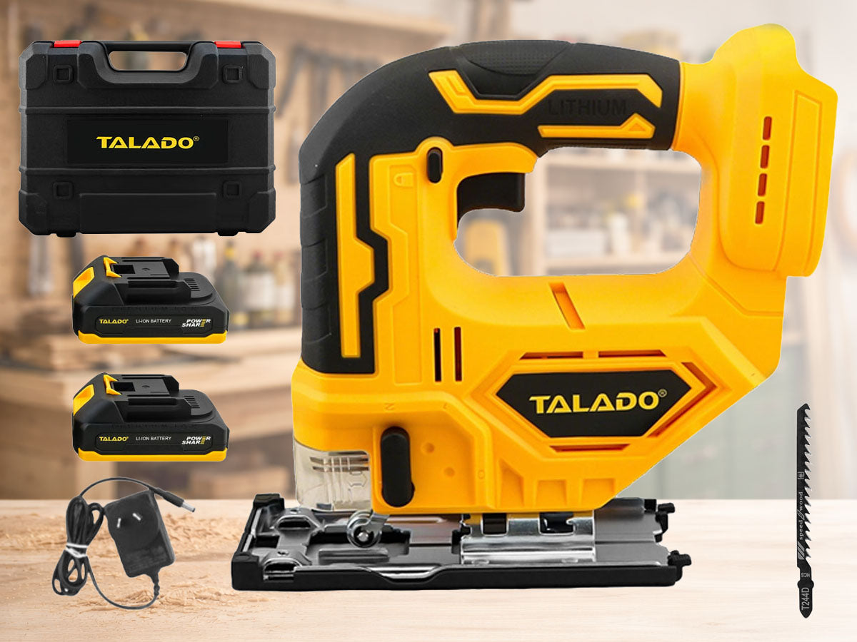 Top angle of cordless electric jigsaw with LED work light