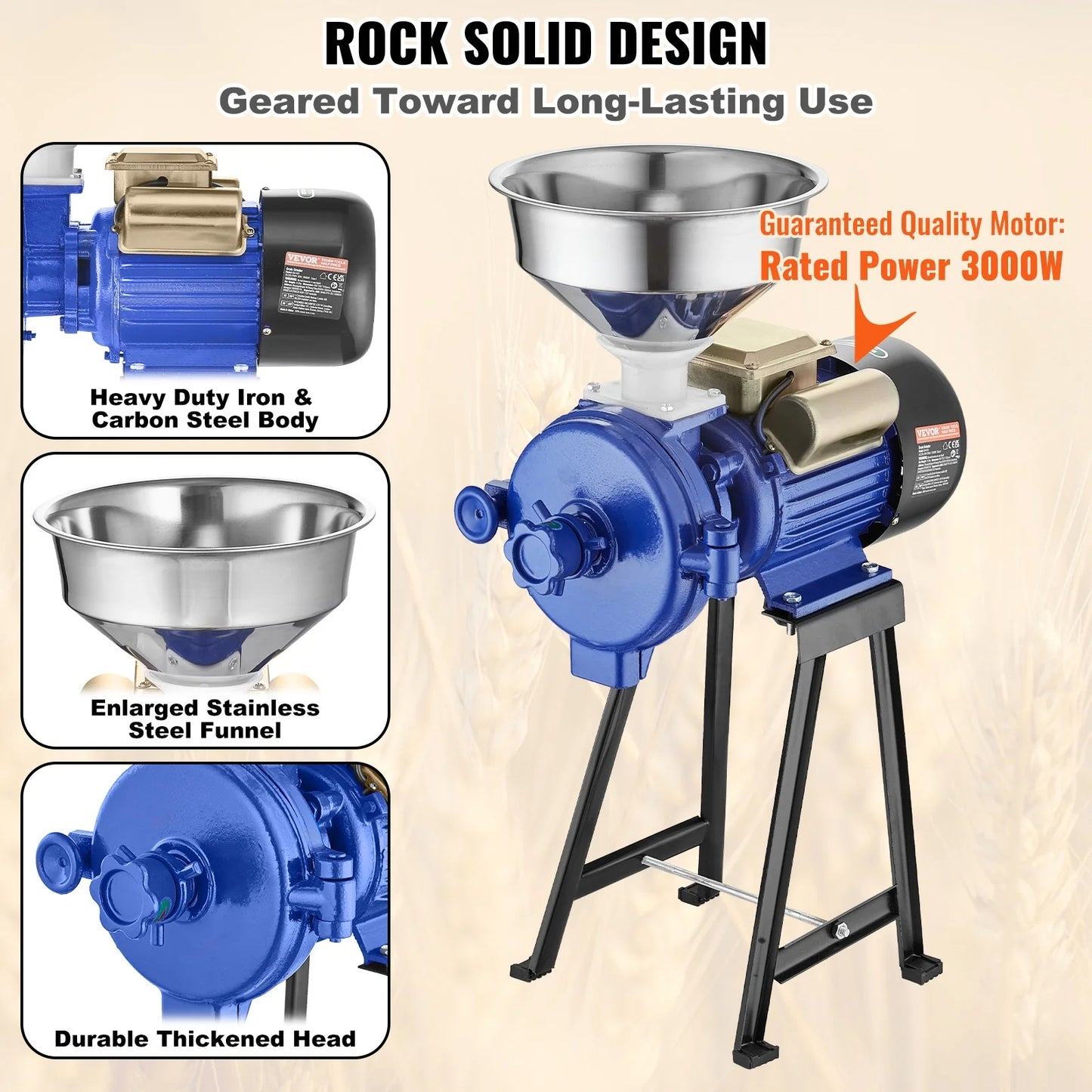 3000W Electric Grain Grinder Corn Wheat Flour Cereal Mill Wet & Dry