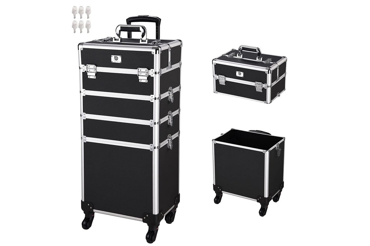 Makeup case with 4 extendable trays open