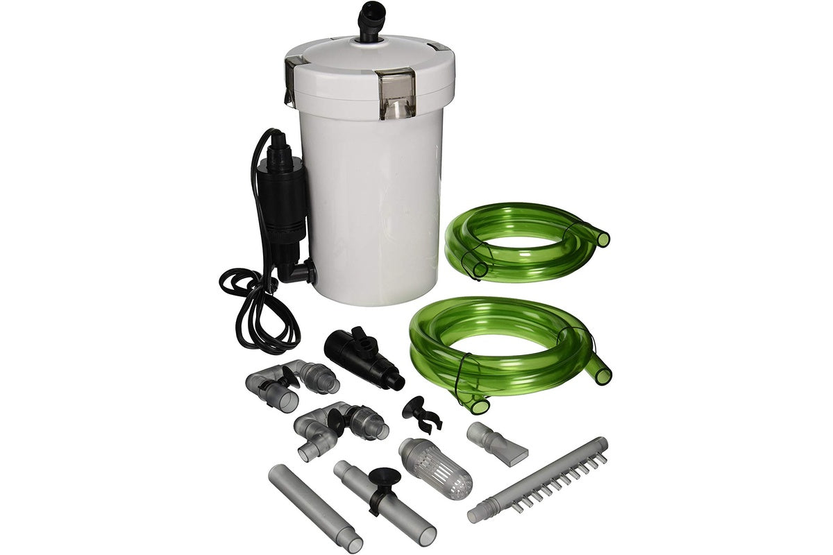 Side angle of aquarium filter external canister highlighting compact size