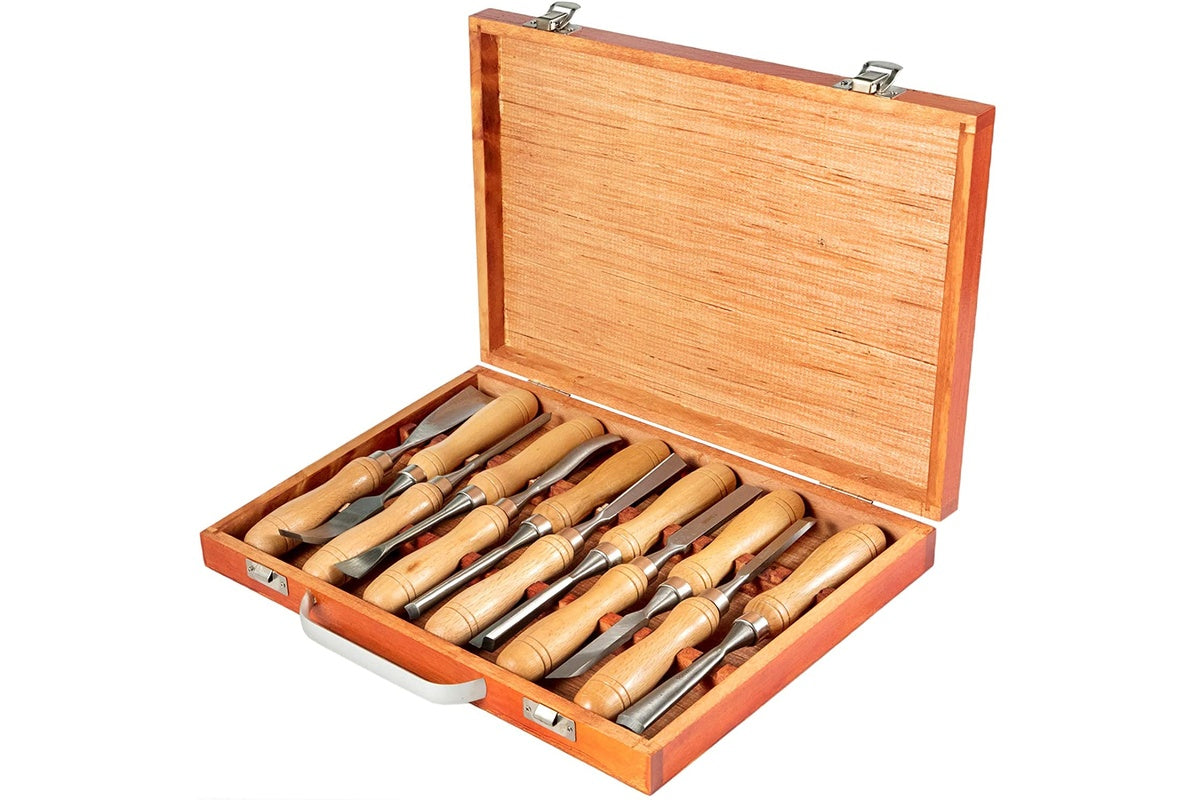 Close up of wood carving tools set blades made from 60CRV steel