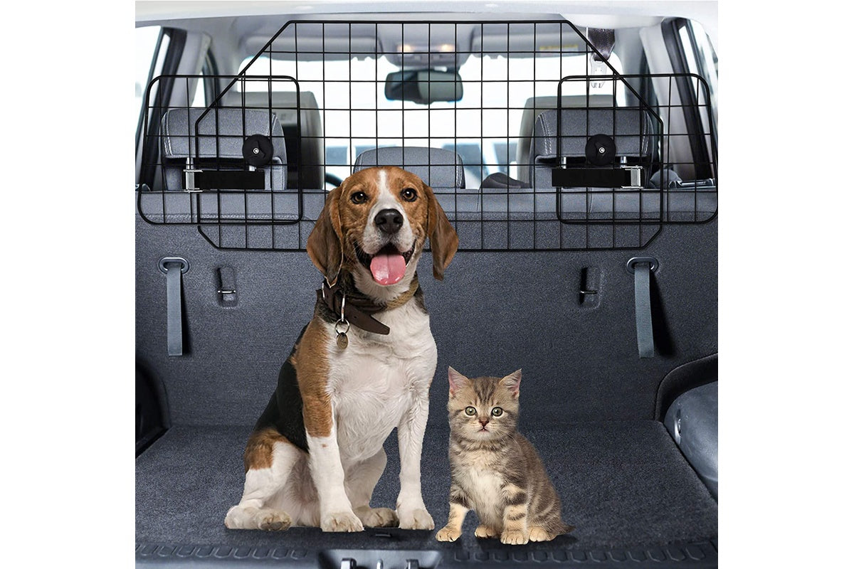 Side view of car pet barrier fence fitted in SUV rear area