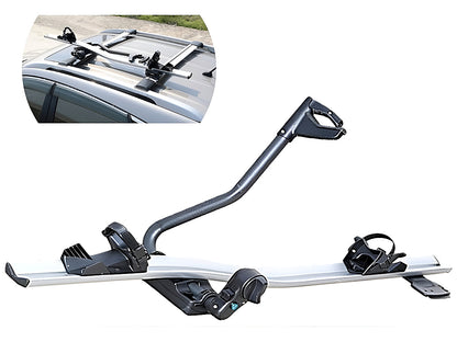 Bike rack mounted on car roof with bicycle attached
