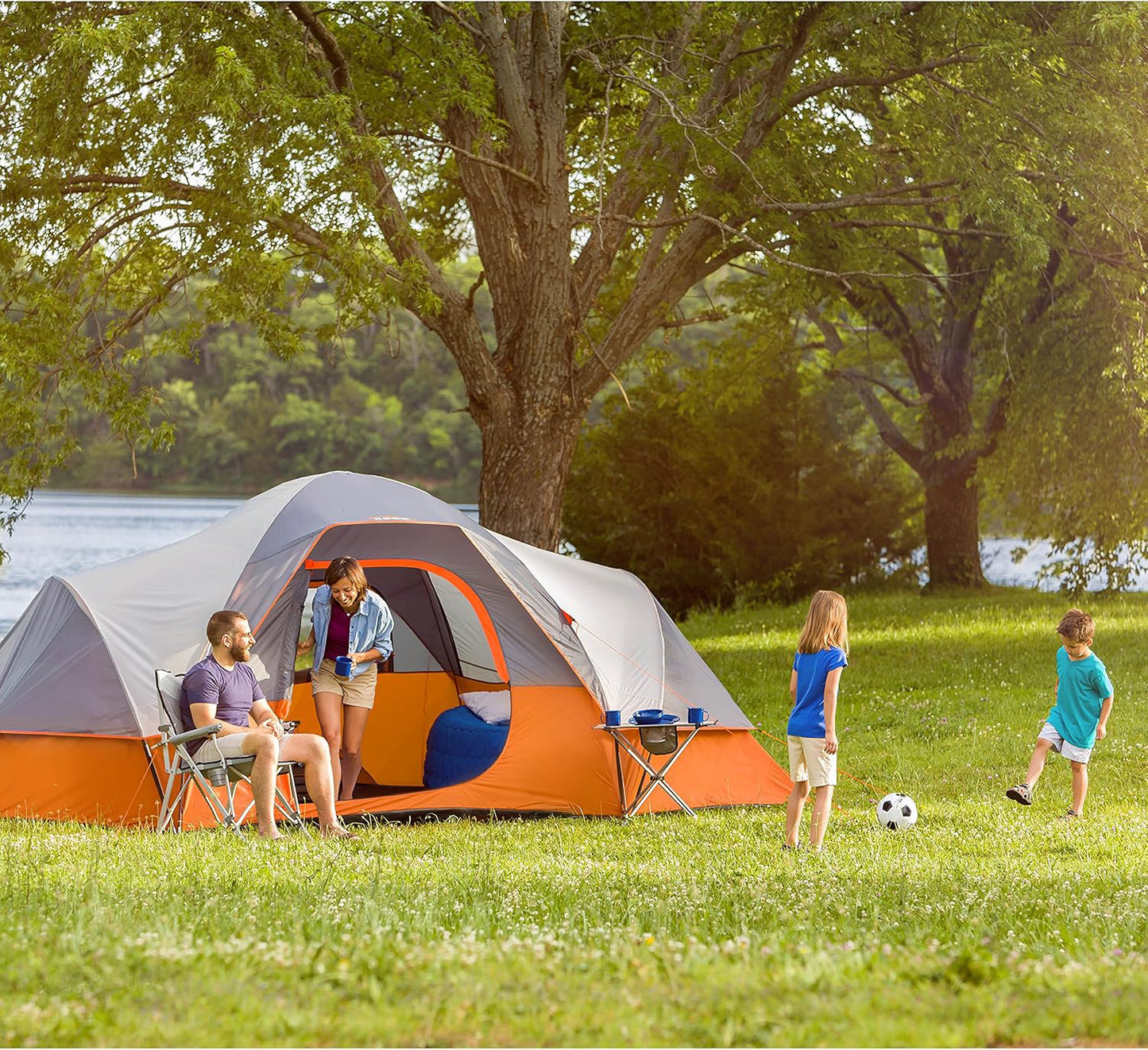 Top view of camping tent family tent showing tunnel shape