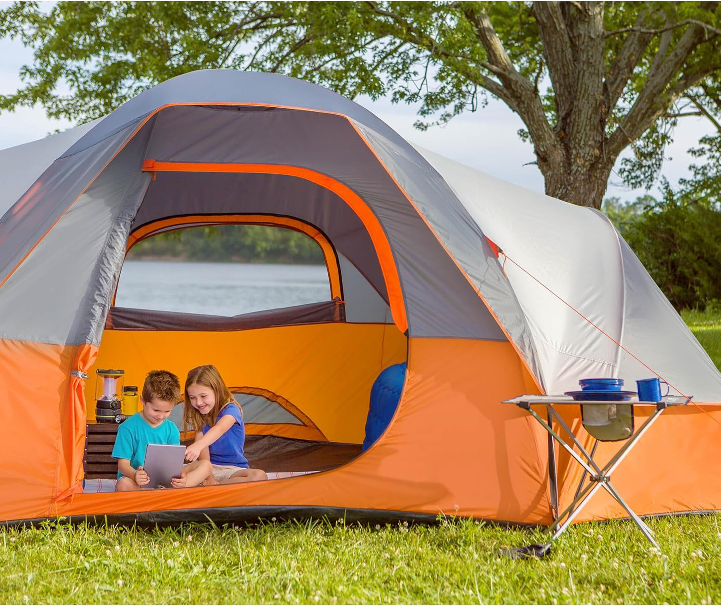 Camping tent family tent with poles and stakes ready for use