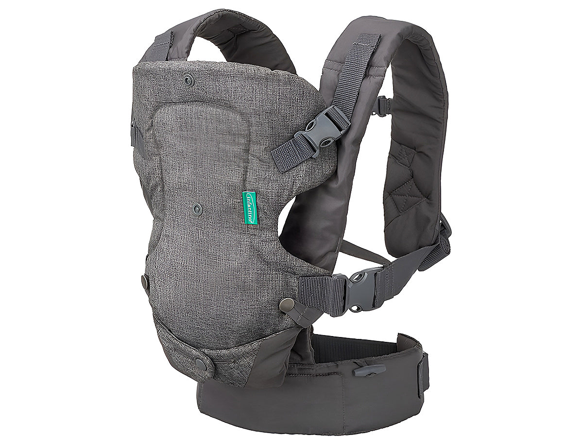 Back carry position demonstrated on baby carrier in light grey